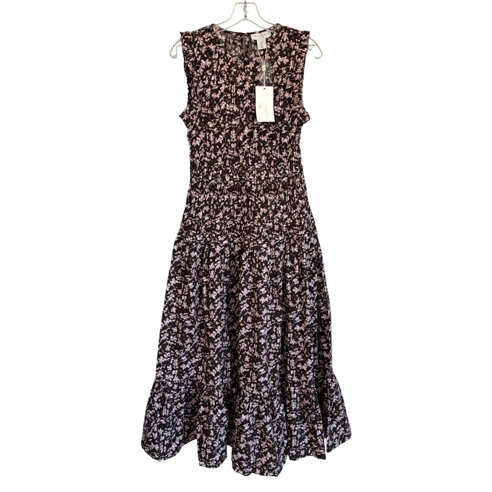 Caroline Constas Brown Pink Floral Smocked Tiered Cotton Maxi Dress Womens Small
